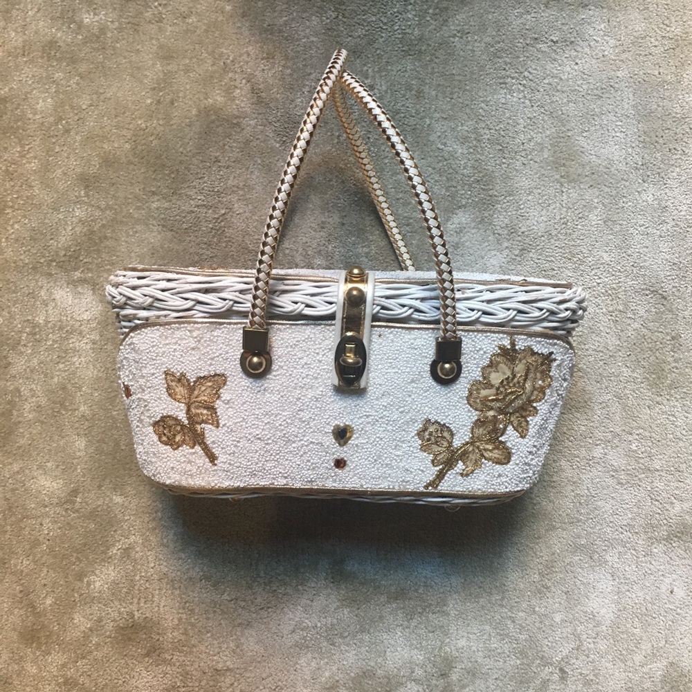 MIDAS OF MIAMI - Beaded wicker Straw basket purse